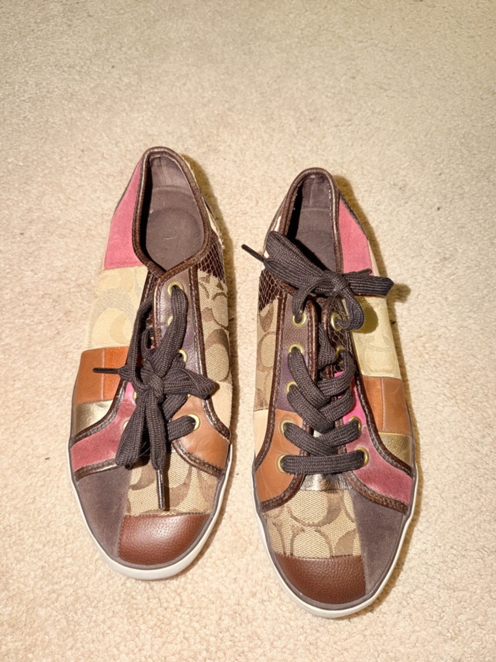 Coach Multicolor Patchwork Lace-Up Sneakers in Brown and Pink
